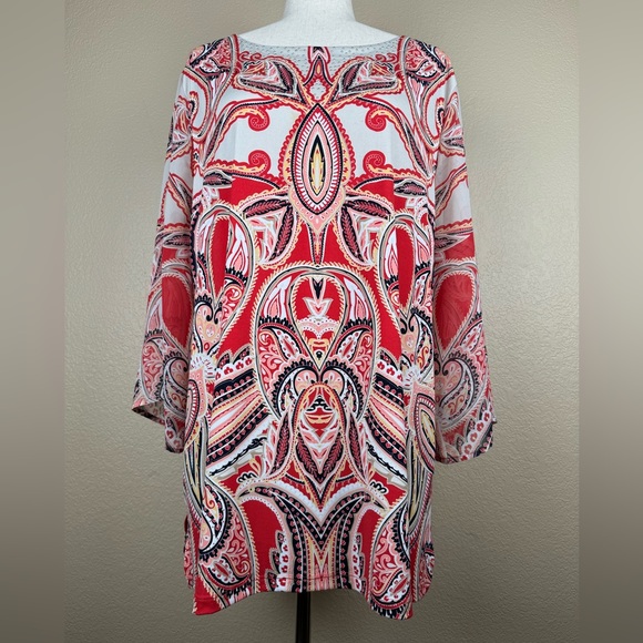 JM Collection Red & Yellow 3/4 Sleeve Blouse. Side Slits. Size- XL - Picture 2 of 10